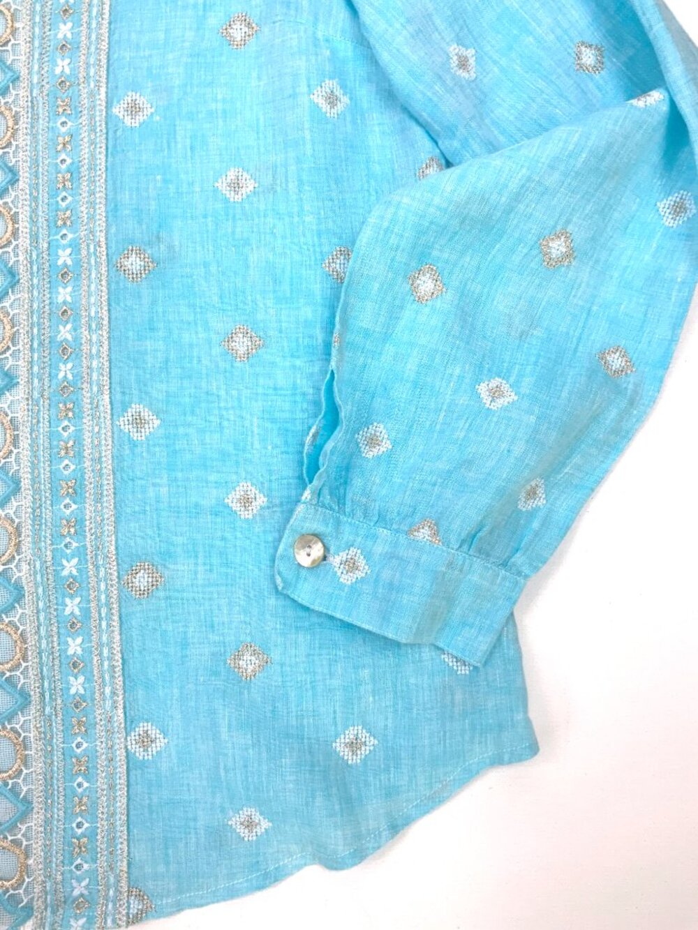 Temptation Positano Blue Straight Cut Embroidered Bohemian Linen Blouse Sz M - Picture 12 of 16
